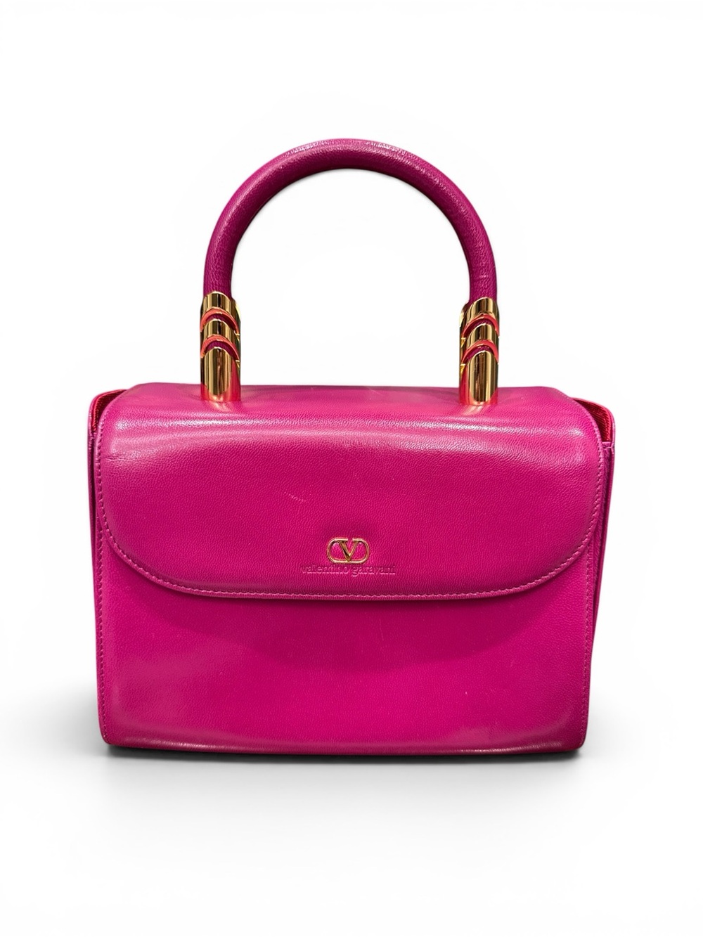 Valentino Garavani Fuchsia Leather Top Handle Satchel with Gold Hardware